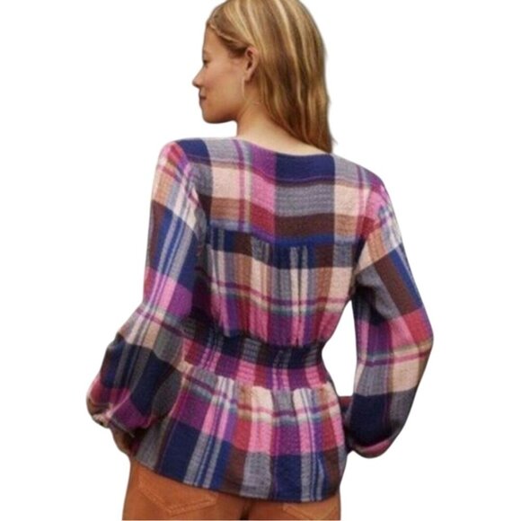 Anthropologie Pilcro Plaid Deep V Blouse Smock Waist Peplum Top Size S - Picture 4 of 9